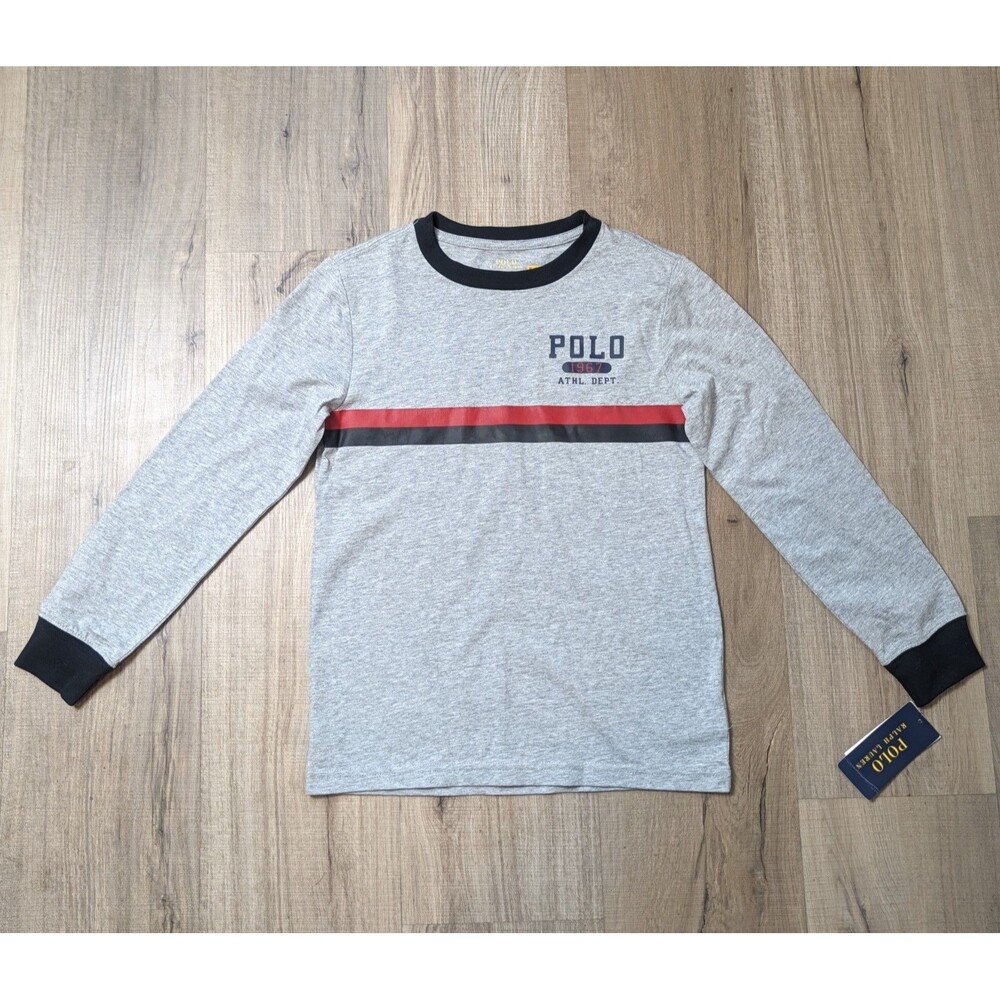 NWT Polo Ralph Lauren Boys Size 7 Grey Long Sleeve Graphic Shirt 100% Cotton